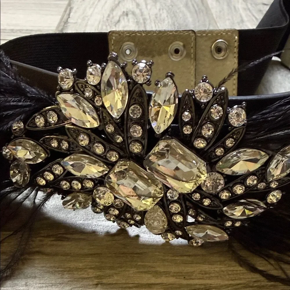 White House Black Market Black Feather Belt with Crystal Brooch Size Small